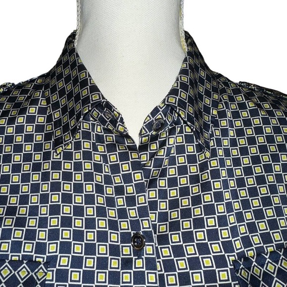 Jones New York - Signature Button Down Blouse w/lapel, blue + lime green, Large - Picture 4 of 10